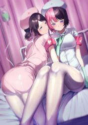  2girls absurdres ass bed belt bent_over black_hair blue_eyes blush breasts brown_hair colored_inner_hair commentary_request cross curtains double_bun dress gloves green_eyes green_gloves hair_bun half-closed_eyes hat highres holding holding_syringe hospital hospital_bed intravenous_drip iris_black_games kaga_nazuna kairi_(miry666) latex latex_gloves legs looking_at_another looking_at_viewer lupinus_virtual_games medium_breasts multicolored_hair multiple_girls nurse nurse_cap pantyhose pink_belt pink_dress pink_hair red_cross short_dress short_hair short_sleeves sitting smirk split-color_hair syringe tachibana_hinano_(vtuber) taut_clothes taut_dress thighband_pantyhose virtual_youtuber vspo! white_dress white_pantyhose 