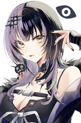  :p bare_shoulders black_choker black_coat black_dress black_hair black_nails breasts chest_belt choker cleavage coat dress female fur-trimmed_coat fur_trim grey_hair highres hololive hololive_english lace lace_choker large_breasts long_hair long_sleeves looking_at_viewer multicolored_hair off_shoulder shiori_novella shiori_novella_(1st_costume) simple_background sleeveless sleeveless_dress solo split-color_hair tanaka_(vgnu3845) tongue tongue_out two-tone_hair upper_body virtual_youtuber white_background yellow_eyes yorick_(shiori_novella) 