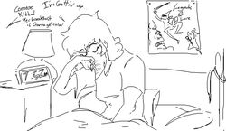  5_fingers anthro bed breasts cavemanon_studios closed_eyes clothed clothing detailed_background dialogue dinosaur dungeons_and_dragons english_text extinct faustanon female fingers furniture goodbye_volcano_high hair hasbro heather_(snoot_game) lamp monochrome nightstand on_bed poster prehistoric_species reptile rubbing_eyes scalie shirt snoot_game snout solo text topwear under_covers wizards_of_the_coast 