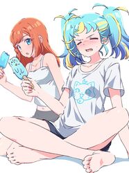  2girls :o ahoge bare_legs bare_shoulders barefoot black_shorts blonde_hair blue_eyes blue_hair blush braid breasts closed_eyes commentary_request dolldolldd feet food full_body furrowed_brow hibino_matsuri highres holding holding_food holding_popsicle hot indian_style korean_commentary long_hair looking_at_another melting midriff multicolored_hair multiple_girls myamu navel oerba_yun_fang open_mouth orange_hair popsicle pretty_series shirt short_sleeves shorts side_braid simple_background sitting small_breasts soles streaked_hair sweatdrop t-shirt tank_top toes twintails waccha_primagi! white_background white_shirt 