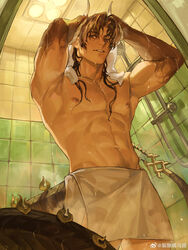  1boy abs absurdres after_bathing aixiwuganda_(20222192) arknights armpits bara chong_yue_(arknights) dragon_horns drying drying_hair from_below highres horns indoors large_pectorals long_hair male_focus multicolored_hair muscular muscular_male navel nipples pectorals shower_(place) solo sparse_navel_hair stomach streaked_hair tail thick_eyebrows topless_male wet 