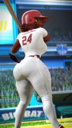  2023 3d_(artwork) 4k 9:16 absurd_res alicia_(domibun) anthro ass big_butt blurred_background bottomwear bovid brown_body brown_eyes brown_fur brown_hair caprine clothing digital_media_(artwork) domibun female fur goat hair hi_res holding_baseball_bat mammal pants solo source_filmmaker_(artwork) thick_thighs warfare_machine wearing_hat white_bottomwear white_clothing white_pants 