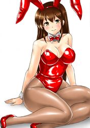  akagi_(kancolle) alternate_costume animal_ears bare_shoulders bow bowtie breasts brown_eyes brown_hair brown_pantyhose cleavage collarbone covered_navel detached_collar fake_animal_ears female high_heels kantai_collection kudou_(ooabareteng) large_breasts leotard looking_at_viewer pantyhose playboy_bunny rabbit_ears red_footwear red_leotard simple_background sitting smile strapless strapless_leotard traditional_bowtie white_background wrist_cuffs 