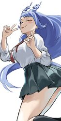  ;p absurdres black_socks blue_eyes blue_hair boku_no_hero_academia double_v drill_hair female fengling_(furin-jp) green_skirt hadou_nejire hair_horns highres long_hair necktie one_eye_closed pleated_skirt red_necktie school_uniform shirt simple_background skirt socks solo tongue tongue_out twin_drills u.a._school_uniform unfinished v white_background white_shirt 