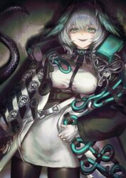  arknights between_breasts black_pantyhose breasts coat dress feathered_wings female fingerless_gloves gloves green_eyes grey_hair hair_between_eyes head_wings highres ho&#039;olheyak_(arknights) infection_monitor_(arknights) large_breasts long_coat long_hair long_sleeves long_tail looking_at_viewer open_clothes open_coat open_mouth pantyhose pencil_dress smile snake_tail solo strap_between_breasts tail teeth tsugu0302 upper_teeth_only white_dress white_gloves wings 