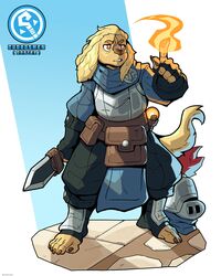  2023 4:5 5_fingers 5_toes absurd_res ambiguous_gender anthro armor belt_pouch blade blonde_hair bottomwear brown_nails canid canine canis ceehaz clothed clothing colored_nails dog_knight_rpg domestic_dog elemental_manipulation feet fingerless_gloves fingers fire fire_manipulation footwear fur gloves guard hair handwear headgear helmet hi_res holding_object holding_weapon humanoid_feet humanoid_hands mammal melee_weapon nails pants pawpads plantigrade plate_armor standing tail toeless_footwear toes weapon yellow_body yellow_fur 