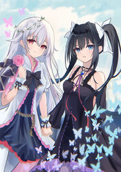  2girls absurdres arcaea bare_shoulders black_bow black_hair blue_eyes bow bug butterfly choker commentary_request flower hairbow head_wreath highres hikari_(arcaea) hikari_(reunion)_(arcaea) holding_hands kasutera_dofu multiple_girls pink_flower pink_rose red_eyes rose smile tairitsu_(arcaea) tairitsu_(reunion)_(arcaea) twintails white_bow white_hair wrist_cuffs 