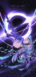  absurdres commentary_request elbow_gloves female genshin_impact gloves grey_hair hair_ornament high_heels highres legs_up long_hair looking_at_viewer pink_eyes purple_gloves purple_thighhighs skirk_(genshin_impact) solo thighhighs varhan_zuhair very_long_hair 