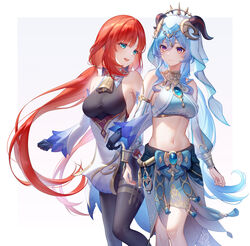  2girls :d aqua_eyes bare_shoulders black_gloves blue_hair bodystocking breasts brooch commentary_request cosplay costume_switch crop_top detached_sleeves feet_out_of_frame ganyu_(genshin_impact) ganyu_(genshin_impact)_(cosplay) genshin_impact gloves hair_between_eyes highres horns jewelry large_breasts lightria long_hair medium_breasts midriff multiple_girls navel neck_ring nilou_(genshin_impact) nilou_(genshin_impact)_(cosplay) open_mouth purple_eyes red_hair sideboob sidelocks simple_background smile standing stomach thighs veil very_long_hair 