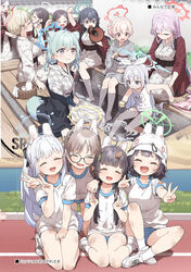  6+girls ahoge animal_ears ashiyu bare_arms bare_legs bare_shoulders barefoot bath_yukata black-framed_eyewear black_hair blonde_hair blue_archive blue_buruma blue_eyes blue_halo blush breasts brown_hair buruma cherino_(blue_archive) cherino_(hot_spring)_(blue_archive) closed_eyes closed_mouth collarbone commentary_request fake_facial_hair fake_mustache flat_chest foot_bath glasses green_hair green_halo grey_eyes grey_halo gym_shirt hair_between_eyes halo highres japanese_clothes kimono large_breasts long_hair marina_(blue_archive) minori_(blue_archive) miyako_(blue_archive) miyu_(blue_archive) moe_(blue_archive) multiple_girls name_tag nodoka_(blue_archive) nodoka_(hot_spring)_(blue_archive) obi official_alternate_costume old_school_swimsuit one-piece_swimsuit onsen open_mouth pink_hair ponytail purple_eyes rabbit_platoon_(blue_archive) red_eyes round_eyewear saki_(blue_archive) sash school_swimsuit shigure_(blue_archive) shigure_(hot_spring)_(blue_archive) shirt shoes short_hair short_sleeves small_breasts smile socks swimsuit tomoe_(blue_archive) v water weasel_ears white_footwear white_hair white_one-piece_swimsuit white_shirt white_socks yellow_halo yukata yukie_(kusaka_shi) 