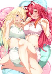  2girls :d absurdres aizawa_ema animal_ears blonde_hair blue_bra blue_eyes blue_hair blue_shorts blush bra breasts cat_ears cleavage clothing_cutout commentary_request fish_bone frilled_bra frills gradient_hair hair_between_eyes heart heart-shaped_pillow heart_cutout highres kairi_(miry666) large_breasts long_hair lying multicolored_hair multiple_girls nekota_tsuna oerba_yun_fang on_back orange_eyes paw_pose pillow pink_bra pink_shorts red_hair shorts smile underwear very_long_hair virtual_youtuber vspo! 