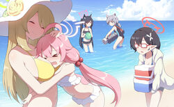  &gt;_&lt; 5girls absurdres ahoge animal_ears ayane_(blue_archive) ayane_(swimsuit)_(blue_archive) ball beach beachball bikini black_hair blonde_hair blue_archive blue_sky breast_smother breasts cat_ears closed_eyes closed_mouth cloud commentary day english_commentary face_to_breasts foreclosure_task_force_(blue_archive) glasses hair_bobbles hair_ornament halo hand_on_another&#039;s_head hat highres holding holding_ball horizon hoshino_(blue_archive) hoshino_(swimsuit)_(blue_archive) hug large_breasts long_hair multiple_girls nonomi_(blue_archive) nonomi_(swimsuit)_(blue_archive) ocean oerba_yun_fang official_alternate_costume opaque_glasses outdoors pink_hair pointy_ears qkracho_(thesdroz) serika_(blue_archive) serika_(swimsuit)_(blue_archive) shiroko_(blue_archive) shiroko_(swimsuit)_(blue_archive) sky smile sun_hat swimsuit wading water white_bikini wolf_ears yellow_bikini 