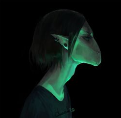  2018 akrolayn alien anthro black_background black_clothing black_hair black_shirt black_topwear bust_portrait clothing digital_media_(artwork) digital_painting_(artwork) ear_piercing eyebrows female geodis_(species) green_lighting hair humanoid light lighting piercing portrait prick_ears realistic_lighting realistic_shading shaded shirt side_view simple_background solo topwear valetta_(akrolayn) 