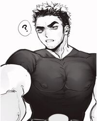  1boy ? alternate_pectoral_size bara beard_stubble covered_nipples cream_(creamsticl3) facial_hair frown greyscale highres huge_eyebrows inverted_nipples lucas_lee male_focus monochrome muscular muscular_male outstretched_arm parted_lips pectorals scott_pilgrim_(series) scott_pilgrim_takes_off selfie shirt short_hair short_sleeves smile solo spoken_question_mark stubble t-shirt taut_clothes taut_shirt upper_body 