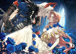  1boy aerith_gainsborough aerith_gainsborough_(prism_dress) aqua_eyes ascot black_feathers black_gloves blue_flower blue_jacket blue_ribbon blue_rose breasts brown_hair chains closed_mouth couple dated demon_horns detached_sleeves dress dress_flower feather_trim feathers female final_fantasy final_fantasy_vii final_fantasy_vii_ever_crisis final_fantasy_vii_remake flower gloves gold_trim green_eyes grey_hair hair_ribbon halloween_costume horns indoors jacket kay-i long_bangs long_dress long_hair long_sleeves looking_at_another low_ponytail medium_breasts official_alternate_costume open_mouth parted_bangs plunging_neckline reclining red_horns ribbon rose see-through see-through_sleeves sephiroth sephiroth_(dark_harbinger) sidelocks straight tiara twitter_username wavy_hair white_ascot white_dress white_sleeves window 