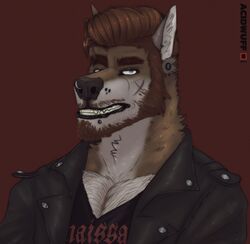  2021 acidwuff anthro artist_name beard black_clothing black_topwear blue_eyes brown_beard brown_body brown_facial_hair brown_fur brown_hair bust_portrait canid clothed clothing dated ear_piercing facial_hair facial_piercing fur gauged_ear hair hi_res lip_piercing lip_stud looking_at_viewer male mammal multiple_piercings nose_piercing nose_ring nostril_ring piercing portrait red_background ring_piercing simple_background solo topwear white_body white_fur 