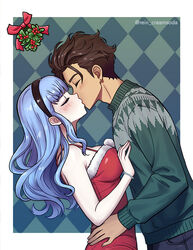  1boy artist_name blue_hair blush breasts claude_von_riegan closed_eyes dark-skinned_male dark_skin dress english_commentary female fire_emblem fire_emblem:_three_houses fire_emblem_warriors:_three_hopes kissing long_hair marianne_von_edmund mistletoe rein_creamsoda santa_dress sweater 