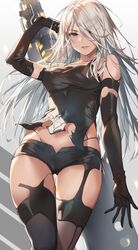  a2_(nier:automata) asymmetrical_legwear black_gloves black_shirt black_shorts black_thighhighs blue_eyes breasts brown_thighhighs commentary_request elbow_gloves female gloves goddess_of_victory:_nikke hair_over_one_eye highres lips long_hair looking_at_viewer medium_breasts michairu mismatched_legwear mole mole_under_mouth nier:automata nier_(series) shirt short_shorts shorts solo standing thighhighs white_hair 