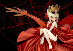  ahoge bare_shoulders barefoot blonde_hair braid breasts commentary_request crown dragon_tail dress elbow_gloves facial_mark fate/grand_order fate_(series) female french_braid gloves gold_crown hair_bun hair_intakes hair_ribbon long_hair looking_at_viewer nero_claudius_(fate) open_mouth pointed_crown pointy_ears queen_draco_(fate) queen_draco_(first_ascension)_(fate) red_dress red_eyes red_ribbon ribbon scales single_glove small_breasts smile solo tail wada_arco white_gloves 