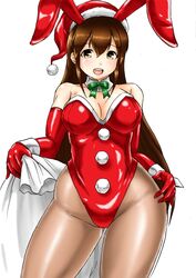  akagi_(kancolle) breasts brown_eyes brown_hair brown_pantyhose christmas covered_navel detached_collar elbow_gloves female gloves hat highleg highleg_leotard kantai_collection kudou_(ooabareteng) large_breasts leotard long_hair looking_at_viewer merry_christmas open_mouth pantyhose playboy_bunny red_leotard sack santa_costume santa_hat smile solo strapless strapless_leotard 