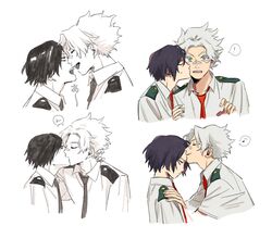  ! 2boys ? bags_under_eyes bandaid bandaid_on_face bandaid_on_nose black_hair blue_eyes boku_no_hero_academia closed_eyes collared_shirt eraser_head_(boku_no_hero_academia) kissing kissing_cheek kissing_forehead loud_cloud male_focus multiple_boys necktie open_mouth partially_colored red_necktie rnuyvm school_uniform shirt speech_bubble spoken_exclamation_mark spoken_question_mark u.a._school_uniform white_hair yaoi 