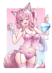  ;d absurdres alternate_costume animal_ear_fluff animal_ears antenna_hair artist_name bare_shoulders blush border bow bow_panties breasts cleavage commentary_request cropped_legs cross-laced_clothes curry_bowl female flask hakui_koyori heart-shaped_flask highres holding holding_flask holding_test_tube hololive lace-trimmed_legwear lace-trimmed_panties lace-trimmed_thighhighs lace_trim large_breasts lingerie long_hair looking_at_viewer navel notice_lines one_eye_closed open_mouth panties pink_hair pink_panties pink_thighhighs purple_eyes side_ponytail smile solo tail test_tube thighhighs underwear underwear_only virtual_youtuber white_border 