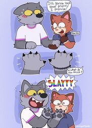  anthro black_nails canid canine canis clothing colored_nails curley_(ohmygoditguppy) domestic_cat felid feline felis hi_res lazy_eye male mammal nails ohmygoditguppy shirt terry_(ohmygoditguppy) topwear white_clothing white_shirt white_topwear wolf yellow_eyes 