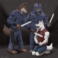  1:1 2023 5_fingers 5_toes anthro armor arrested barefoot black_nose brown_body brown_fur canid canine canis claws clothed clothing feet fingers fur gladius grey_body grey_fur group headgear helmet holding_melee_weapon holding_object holding_sword holding_weapon humanoid_feet humanoid_hands kneeling male mammal melee_weapon muscular muscular_male plantigrade remus_(sampsonwoof) sampsonwoof security signature standing story story_in_description sword teeth toe_claws toes tongue trio weapon white_body white_fur wolf 