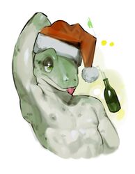  2023 absurd_res anthro areola athletic athletic_anthro bottle christmas christmas_clothing christmas_headwear clothing container countershade_arms countershade_face countershade_neck countershade_torso countershading glistening_eyelids green_areola green_body green_eyes green_nipples green_skin hat hat_only headgear headgear_only headwear headwear_only hi_res holidays kogito lidded_eyes lizard male markings mostly_nude nipples raised_arm reptile santa_hat scalie simple_background snout solo spots spotted_body tongue tongue_out 