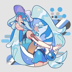  beads blue_eyes blue_hair bracelet closed_mouth commentary eyelashes female grey_background hair_beads hair_ornament hatsune_miku jewelry long_hair one-piece_swimsuit pearl_hair_ornament piano_print pink_nose pokemon pokemon_(creature) primarina print_swimsuit project_voltage saihate_(d3) sea_lion signature smile snout starfish_hair_ornament swimsuit twintails very_long_hair visor_cap vocaloid water_miku_(project_voltage) 