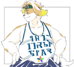  anthro blonde_hair canid canine canis clothing domestic_dog eyewear floppy_ears fur goggles hair hi_res hisaki_(live_a_hero) inunoshippo lifewonders live_a_hero male mammal portrait pose shirt slightly_chubby solo tank_top text topwear translation_request unknown_text white_arms white_body white_fur 