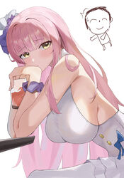  1other absurdres blue_archive blush breasts cup doodle_sensei_(blue_archive) dress female higashiwun_izumi highres holding holding_cup large_breasts looking_at_viewer looking_to_the_side mika_(blue_archive) pink_hair scrunchie sensei_(blue_archive) sideboob simple_background sitting sleeveless sleeveless_dress white_background white_dress wrist_scrunchie 