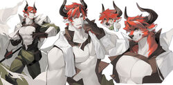  1boy absurdres alternate_costume animal_ears arknights bara bare_pectorals beard_stubble brown_gloves chest_harness chibi chibi_inset collage cow_boy cow_ears cow_horns cropped_torso facial_hair feet_out_of_frame furrification furry furry_male gloves grin harness highres horns humus_(arknights) incredibly_absurdres large_pectorals looking_at_viewer looking_to_the_side male_focus mature_male minotaur multicolored_hair muscular muscular_male nipples open_jumpsuit pectorals red_hair short_hair smile streaked_hair stubble thick_eyebrows towel yaoyaore 