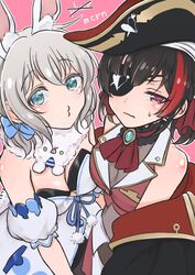  2girls animal_ears aoba_moca aqua_eyes ascot bang_dream! bicorne black_choker black_coat black_hair black_headwear blush breast_envy breast_press breasts brooch choker cleavage closed_mouth coat cosplay detached_sleeves dress eyepatch frilled_choker frills fur_scarf grey_hair hat highres hololive houshou_marine houshou_marine_(1st_costume) houshou_marine_(cosplay) jacket jewelry looking_at_viewer medium_breasts mitake_ran multicolored_hair multiple_girls nicogori one_eye_covered open_clothes open_coat pirate_hat puckered_lips puffy_short_sleeves puffy_sleeves purple_eyes rabbit_ears red_ascot red_hair red_jacket scarf short_hair short_sleeves sleeveless sleeveless_jacket streaked_hair sweat upper_body usada_pekora usada_pekora_(1st_costume) usada_pekora_(cosplay) virtual_youtuber wavy_mouth white_dress white_scarf 