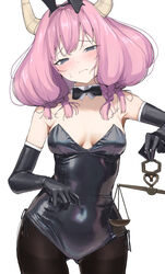  alternate_costume aura_(sousou_no_frieren) bare_shoulders black_bow black_bowtie black_gloves black_leotard black_pantyhose blush bow bowtie breasts closed_mouth commentary cowboy_shot demon_horns detached_collar elbow_gloves embarrassed female furrowed_brow gloves grey_eyes head_tilt highres holding_scale horns leotard looking_at_viewer medium_breasts medium_hair mitsuru_(pixiv_34028718) mixed-language_commentary pantyhose pink_hair playboy_bunny quad_braids simple_background solo sousou_no_frieren strapless strapless_leotard sweatdrop tears weighing_scale white_background 