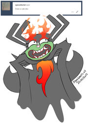  aku black_body claws english_text fangs female fire green_body hi_res humanoid multicolored_body not_furry open_mouth open_smile samurai_jack simple_background smile solo teeth text two_tone_body vipery-07 white_background 