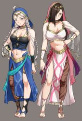  2girls absurdres ahoge azura_(fire_emblem) azura_(fire_emblem)_(cosplay) azura_(hatari)_(fire_emblem) bbk_(13zk) blue_eyes braid breasts brown_eyes brown_hair commission commissioner_upload cosplay crop_top dancer fire_emblem fire_emblem_fates fire_emblem_heroes full_body gold_choker hair_over_one_eye hand_on_own_hip highres kagero_(fire_emblem) large_breasts leanne_(fire_emblem) leanne_(fire_emblem)_(cosplay) leanne_(hatari)_(fire_emblem) long_hair looking_at_viewer low_twin_braids multiple_girls navel nina_(fire_emblem) non-web_source official_alternate_costume parted_bangs single_leg_pantyhose smile thigh_strap toeless_footwear toeless_legwear toes twin_braids veil white_hair 