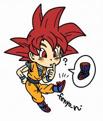  1boy :o ? ^^^ artist_name blue_footwear blush blush_stickers boots chibi clenched_hand clothes_writing collarbone commentary_request curious dougi dragon_ball dragon_ball_super dragon_ball_z_kami_to_kami fenyon finger_to_cheek floating full_body hand_on_own_hip looking_down male_focus red_eyes red_hair simple_background solo son_goku speech_bubble spiked_hair super_saiyan super_saiyan_god white_background wristband 