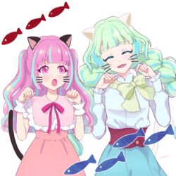  2girls :d :o ^_^ aikatsu!_(series) aikatsu_planet! animal_ears ann_(aikatsu_planet!) artist_name blue_hair blue_skirt blunt_bangs blush bow bowtie braid cat_day cat_ears cat_tail chisaca closed_eyes colored_eyelashes commentary_request drawn_ears drawn_tail drawn_whiskers dress facing_viewer fish gem_(symbol) green_bow green_bowtie green_hair hands_up high-waist_skirt highres kurimu_ann long_hair looking_at_another loose_bowtie multicolored_eyes multicolored_hair multiple_girls neck_ribbon open_mouth paw_pose pink_dress pink_eyes pink_hair pink_ribbon purple_eyes q-pit red_ribbon ribbon shirt simple_background skirt smile streaked_hair tail tsukishiro_ayumi twin_braids twintails two_side_up upper_body very_long_hair white_background white_shirt wrist_cuffs 