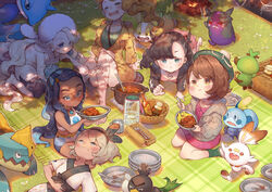  6+girls absurdres asymmetrical_bangs bea_(pokemon) belly_chain black_choker black_hair black_hairband black_jacket blonde_hair blue_hair blush brown_eyes brown_hair cardigan choker coat commentary cup curry dark-skinned_female dark_skin drednaw dress earrings english_commentary fire food from_above fur_hat galarian_farfetch&#039;d gloria_(pokemon) grass green_headwear grey_cardigan grey_hair grookey hair_bun hair_ornament hair_ribbon hairband hat heart heart_hair_ornament highres holding hoop_earrings jacket jewelry lapras long_hair long_sleeves lying marnie_(pokemon) mature_female melony_(pokemon) morpeko morpeko_(hangry) mug multicolored_hair multiple_girls necklace nessa_(pokemon) on_back open_clothes open_mouth orange_hair picnic pink_dress pokemon pokemon_(creature) pokemon_swsh ribbon scorbunny shade short_hair short_sleeves side_ponytail single_hair_bun smile sobble sonia_(pokemon) sonnyaws spoon tam_o&#039;_shanter two-tone_hair yamper 