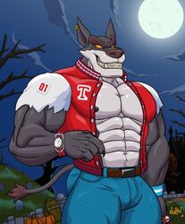  2020 abs activision alternate_form anthro belt better_version_at_source big_muscles bottomwear clock clothed clothing crash_(series) dasyuromorph ear_piercing ear_ring full_moon halloween holidays jacket male mammal marsupial moon muscular muscular_anthro muscular_male nanbuskhan night nipples open_clothing open_jacket open_topwear outside pants pecs piercing smile solo thylacine tiny_tiger topwear video_games watch were 