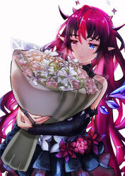  absurdres bare_shoulders blue_eyes bouquet crystal female flower fluffyebi01 heterochromia highres hololive hololive_english horns irys_(hololive) irys_(irys_1.0)_(hololive) long_hair pink_eyes pointy_ears red_flower red_hair see-through smile solo very_long_hair virtual_youtuber wavy_hair wings 