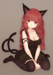  adapted_costume alternate_hairstyle animal_ears arm_ribbon bebitera between_legs black_thighhighs blunt_bangs breasts bridal_garter cat_ears cat_tail cleavage closed_mouth collarbone commentary_request dress expressionless extra_ears female full_body green_dress grey_background hair_down hand_between_legs head_tilt highres kaenbyou_rin long_hair looking_at_viewer medium_breasts multiple_tails no_shoes red_eyes red_hair ribbon ribbon-trimmed_dress ribbon_trim simple_background sitting sleeveless sleeveless_dress solo tail thighhighs touhou two_tails v_arms wariza wavy_hair zettai_ryouiki 