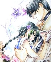  1boy bad_id bad_pixiv_id black_hair braid closed_eyes couple female flower graphite_(medium) hair_flower hair_ornament hand_on_another&#039;s_chest happy highres hug looking_down makimachi_misao manly nijinohouseki painting_(medium) rurouni_kenshin shinomori_aoshi short_hair single_braid smile straight traditional_media upper_body watercolor_(medium) 