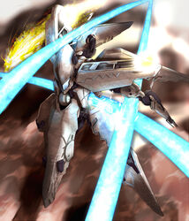  armor cloud commentary_request energy_beam fire flying laser mecha no_humans okka_(okka0918) robot solo vic_viper_(z.o.e.) zone_of_the_enders zone_of_the_enders_2 