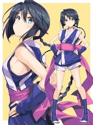  :o armpits black_hair blue_eyes bow braid commentary_request female from_side full_body gintarou_(kurousagi108) hands_on_own_hips japanese_clothes long_hair looking_at_viewer makimachi_misao multiple_views ninja rurouni_kenshin sash single_braid standing very_long_hair 