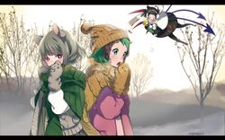  3girls :o adapted_costume animal_band animal_ears animal_print artist_name asymmetrical_wings bare_tree beanie black_dress black_hair black_legwear blush breath capelet cat_print coat cold commentary_request covered_mouth covering_own_mouth day dress dropping earmuffs eyebrows flying green_eyes green_hair grey_hair grin happy hat houjuu_nue kasodani_kyouko letterboxed long_sleeves looking_at_another looking_at_viewer mittens mouse_ears multiple_girls namauni nazrin outdoors pantyhose pom_pom_(clothes) red_eyes shawl short_hair smile snowball sweater touhou tree wings winter 