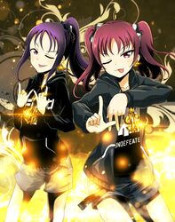  2girls ;p black_scrunchie bling clothes_writing commentary_request earrings english_text fire gang_sign highres hood hoodie jewelry kazuno_leah kazuno_sarah long_hair love_live! love_live!_sunshine!! multiple_girls one_eye_closed pink_eyes pink_hair ponytail purple_hair ring saint_snow scrunchie short_shorts shorts siblings smoke tanashi_(mk2) tongue tongue_out twintails 