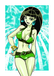  alternate_hairstyle booty_shorts breasts female green_hair kim_possible lychee_soda pale_skin shego short_shorts shorts 