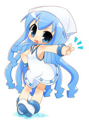  blue_eyes blue_hair chibi commentary_request dress female hat ikamusume inuue_kiyu long_hair shinryaku!_ikamusume solo tentacle_hair v 